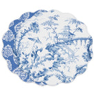 Decorative plate with blue and white chinoiserie design on a white background