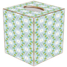Tissue box cover with geometric pattern on a light blue background