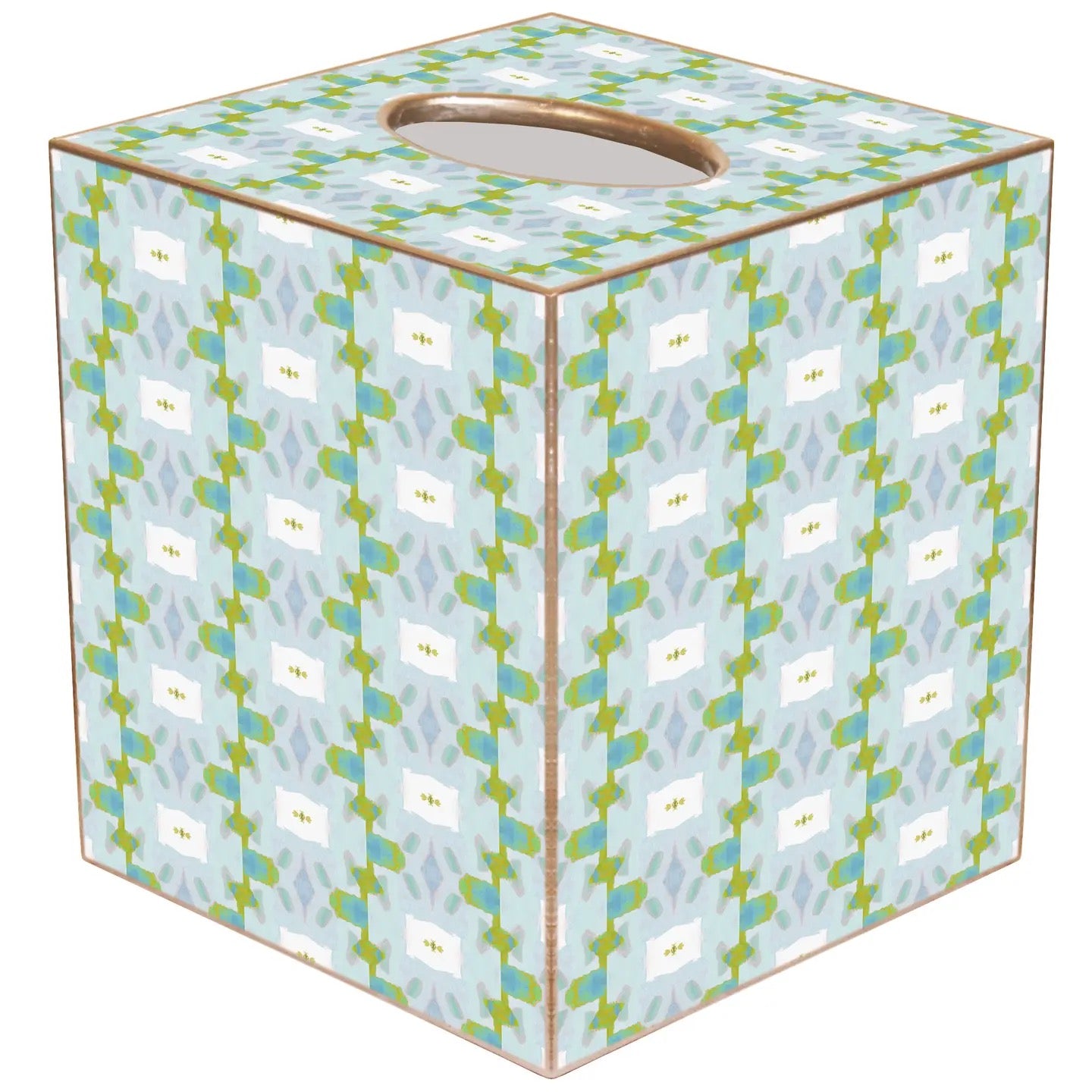 Tissue box cover with geometric pattern on a light blue background