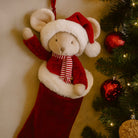 Plush bear in a red and white outfit with a Santa hat, scarf, and mittens hanging from a Christmas tree.