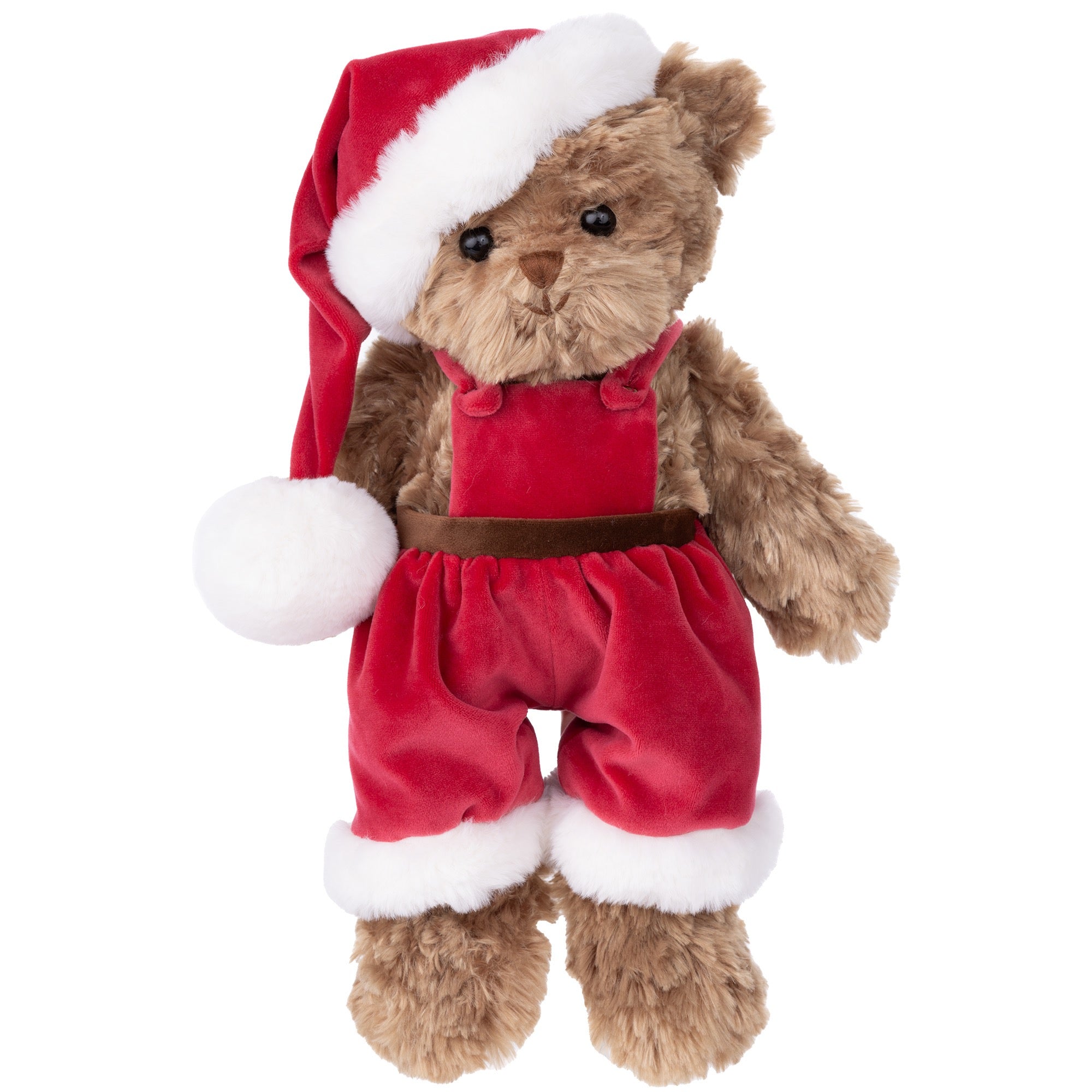 Plush teddy bear wearing a Santa outfit with red jumpsuit and hat on a white background
