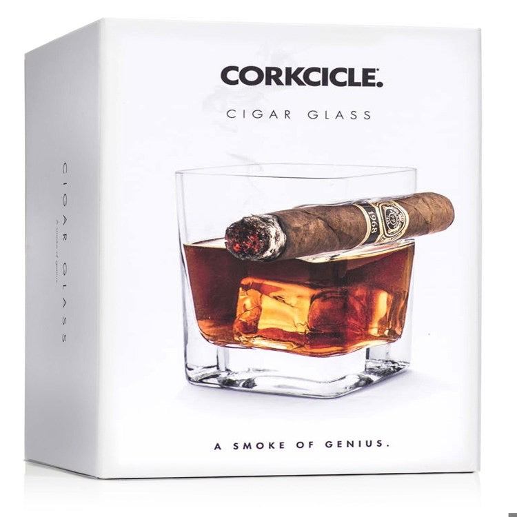 Corkcicle Cigar Glass packaging with a glass of whiskey and a cigar on a white background
