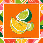 A colorful graphic illustration of citrus fruits, including orange slices and lime wedges, centered on a bright orange square. The artwork is framed by a multicolored abstract patterned border with geometric shapes and fruit motifs.