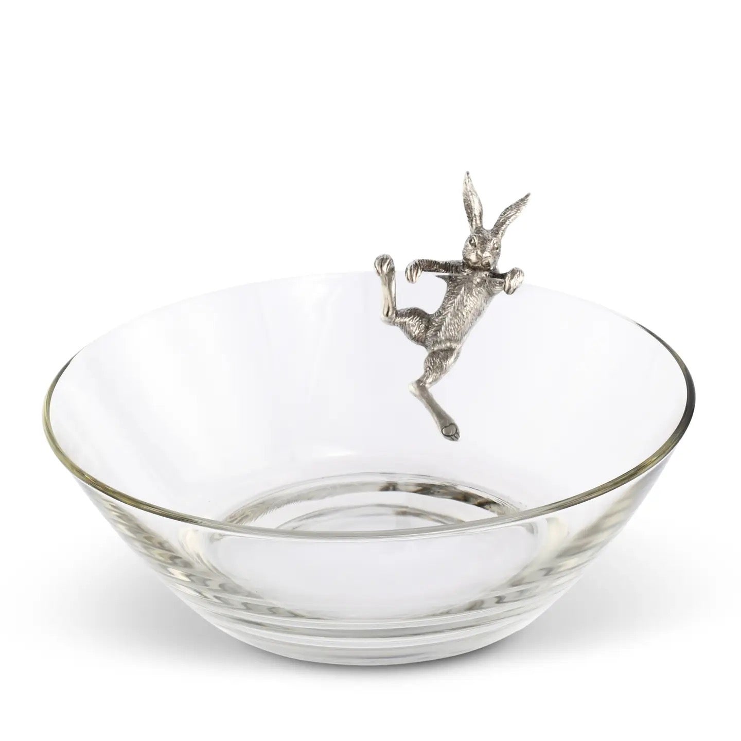 Clear glass bowl with a silver deer figurine on a white background