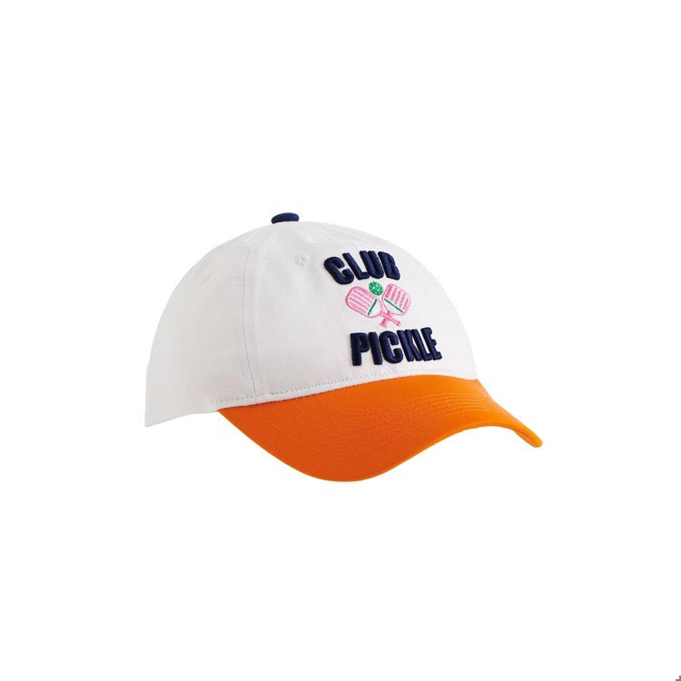 White and orange cap with 'Club Pickle' text on a white background