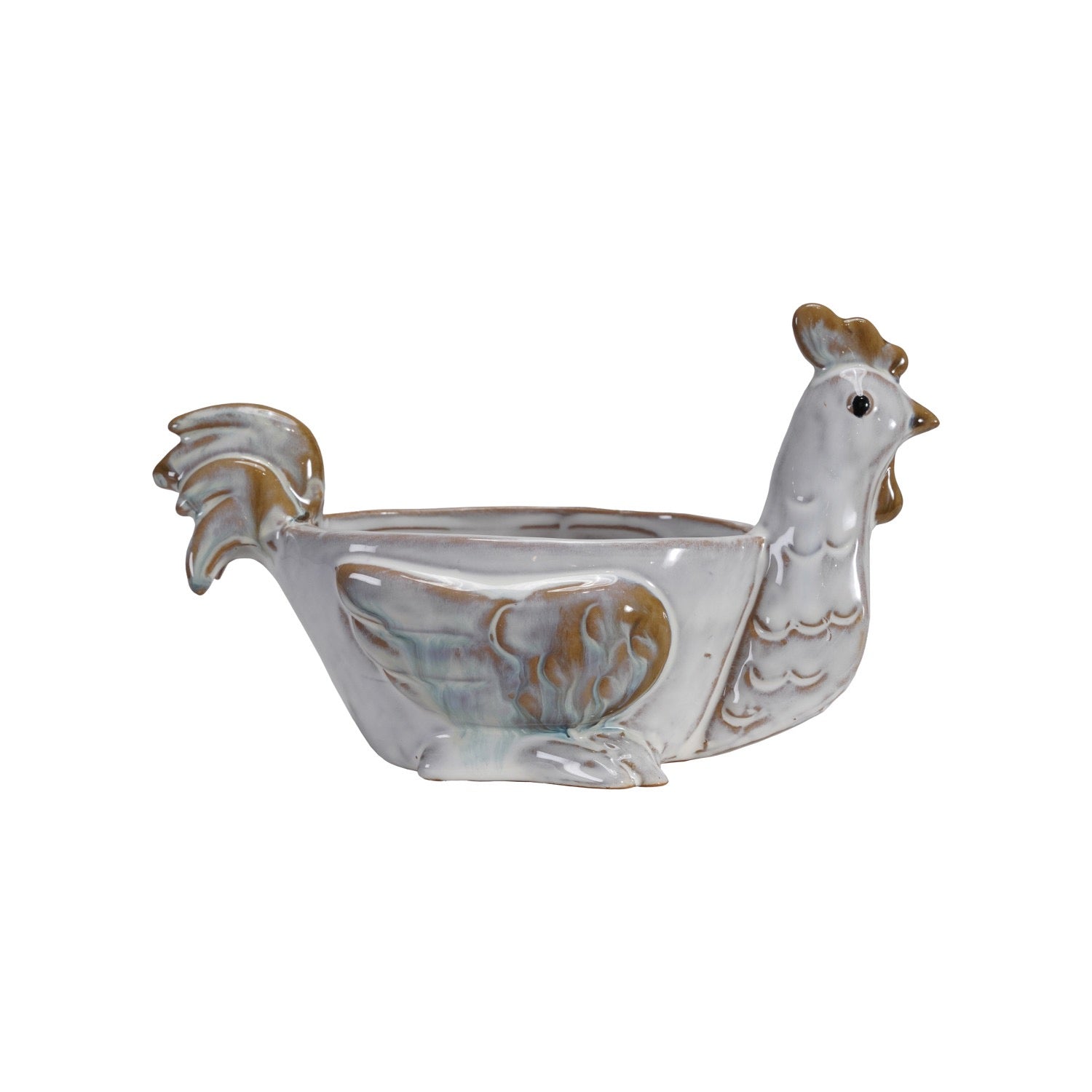 Ceramic chicken-shaped planter on a white background
