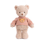 Stuffed teddy bear wearing a striped shirt with a bear face design on a white background