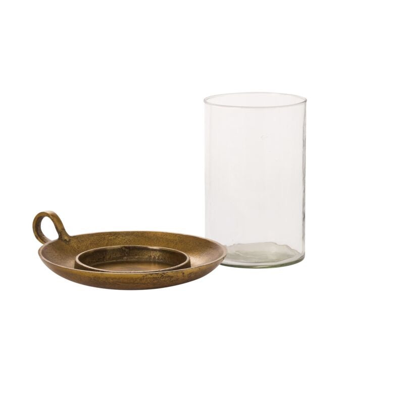 Bronze tray with handle and clear glass vase on a white background