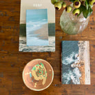 A styled flat-lay on a rustic wooden table featuring two books with ocean-themed covers, a small hand-painted ceramic bowl, and a glass vase with greenery.