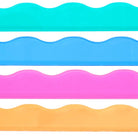 Four wavy-edged plastic strips in turquoise, light blue, pink, and orange, arranged horizontally on a white background.