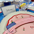 Decorative plate with American flag design, cherry illustrations, and a glass with lemon slice on a patterned tablecloth.
