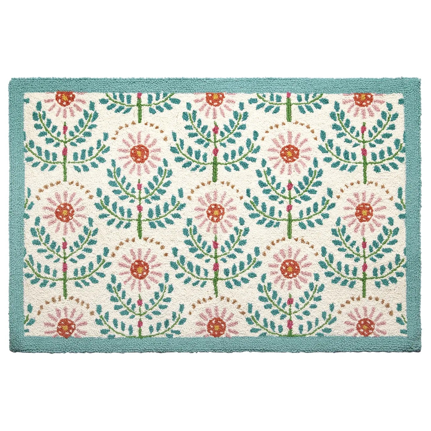 Floral patterned rug with a blue border on a white background
