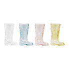Four transparent glass boots in different colors on a white background