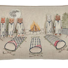 Embroidered design of animals around a campfire with tents and trees on a beige background.