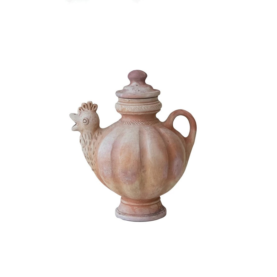 Terracotta chicken-shaped jar with a lid on a white background