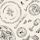 Black and white pattern of dining items including plates, cutlery, and glasses on a light background.