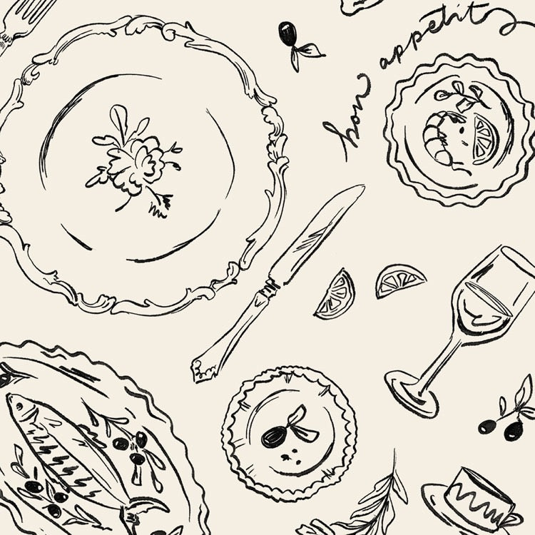 Black and white pattern of dining items including plates, cutlery, and glasses on a light background.