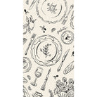 Pattern of black line art on a white background featuring plates, cutlery, and decorative elements.
