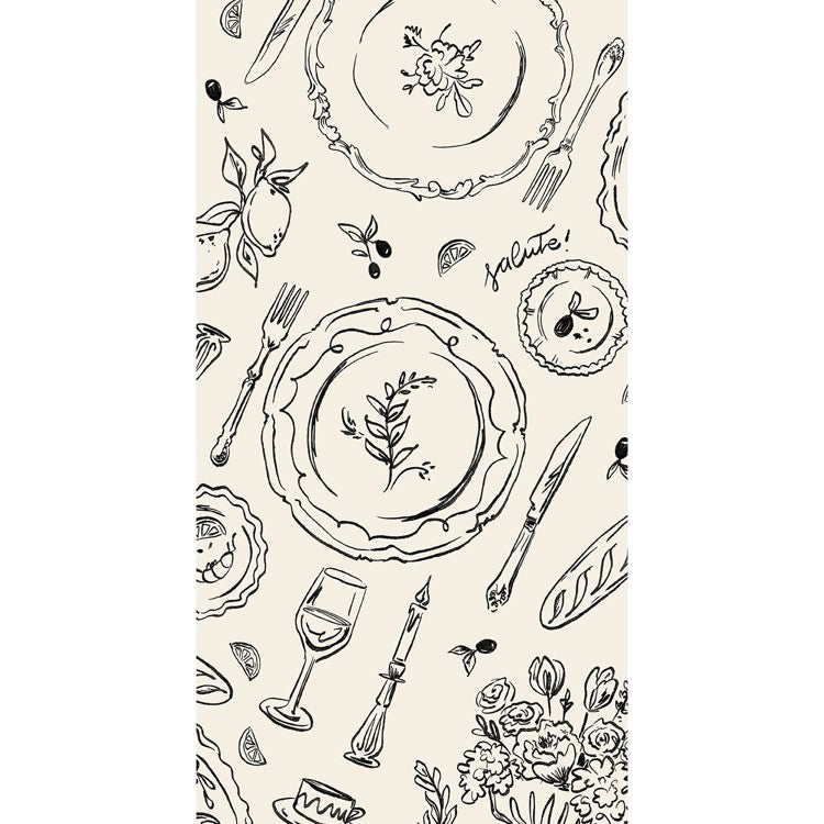 Pattern of black line art on a white background featuring plates, cutlery, and decorative elements.
