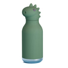 Green dinosaur-shaped water bottle on a white background