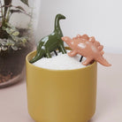 Two dinosaur-shaped planters in a yellow pot with a small plant in the background.