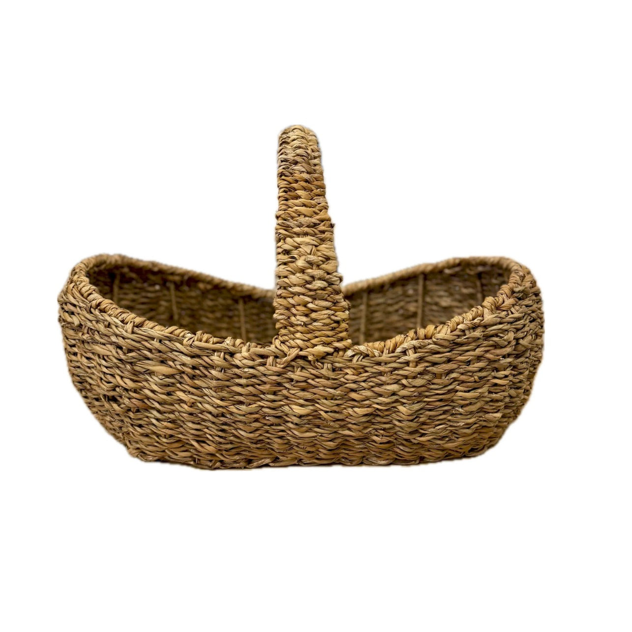 Woven basket with a handle on a white background