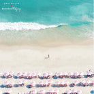 Aerial beach scene with turquoise ocean waves, pale sand, rows of pink-and-white umbrellas, and a small person walking near the shoreline. The text 'GRAYMALIN BESPOKE Wedding' appears in the upper left.