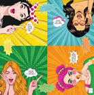 Four colorful panels with stylized women's portraits and speech bubbles on a comic book style background.