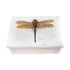 A dragonfly brooch with gold-toned wings and body details, a blue-green segmented tail, and a red head, displayed on top of a white rectangular box against a white background.
