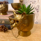 Gold cat-shaped planter with a chain on a wooden surface