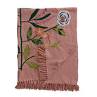 Pink embroidered floral throw blanket on a white background