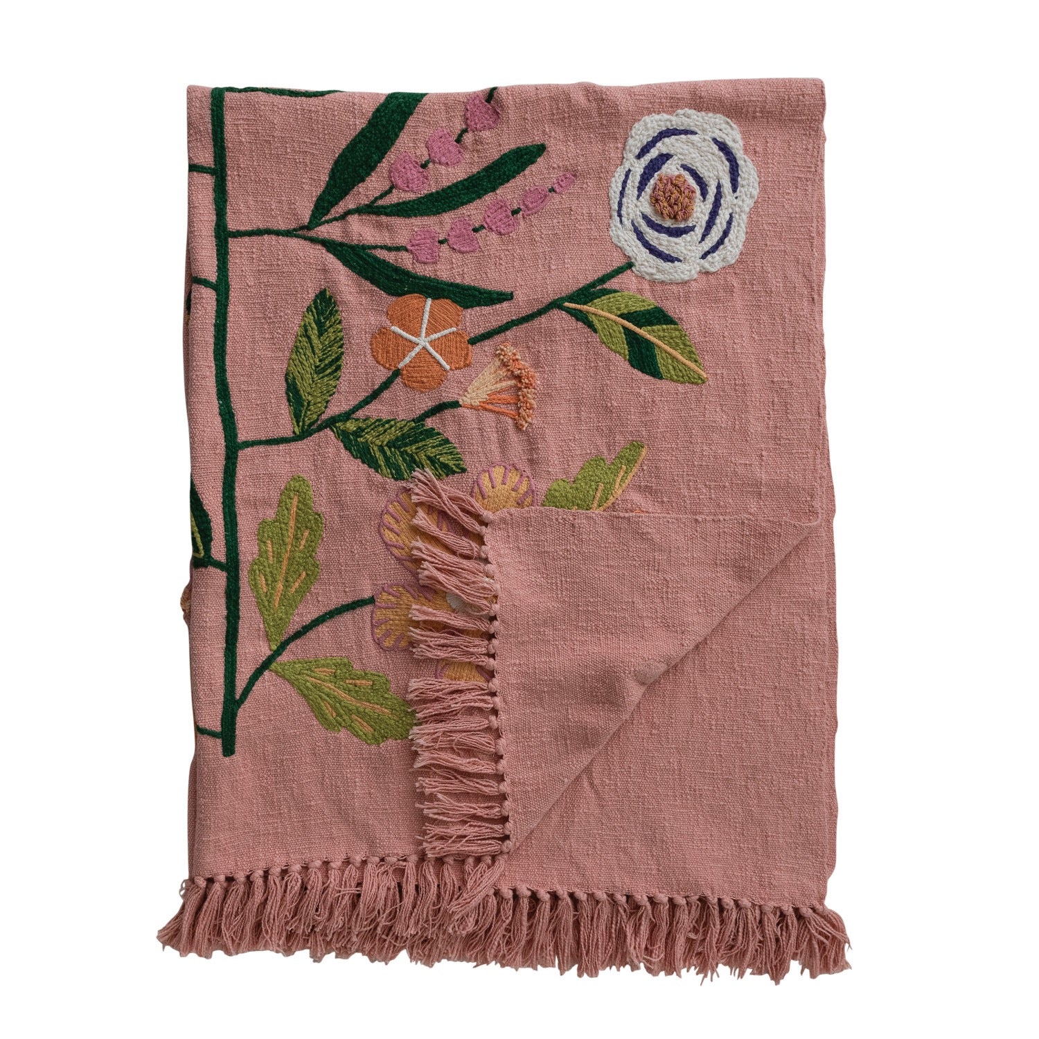 Pink embroidered floral throw blanket on a white background