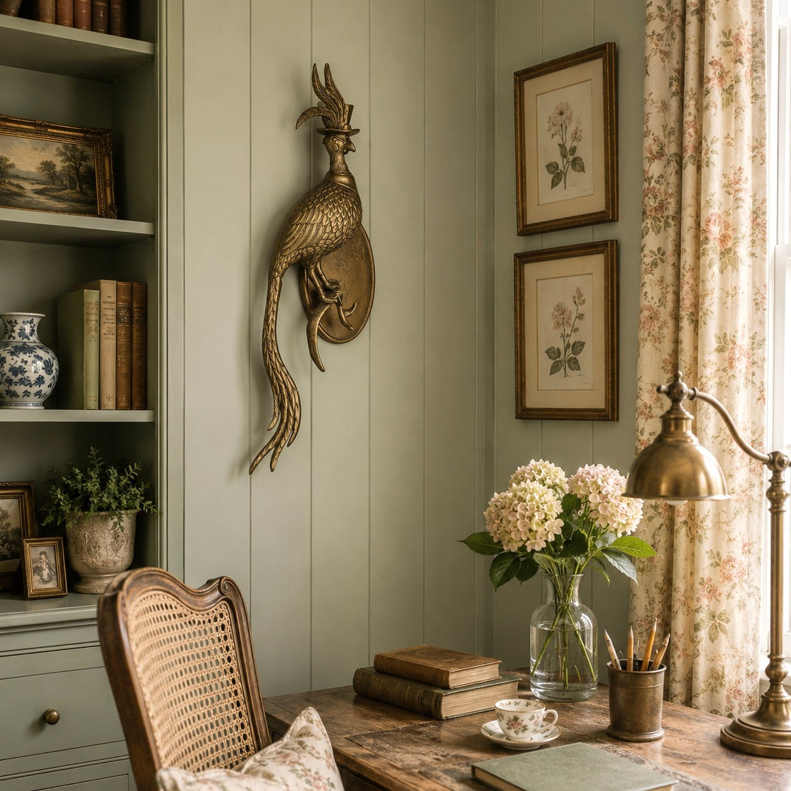 Decorative interior with a wall-mounted bird sculpture, books, a lamp, and flowers on a desk.