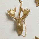 Gold deer head necklace on a textured white background