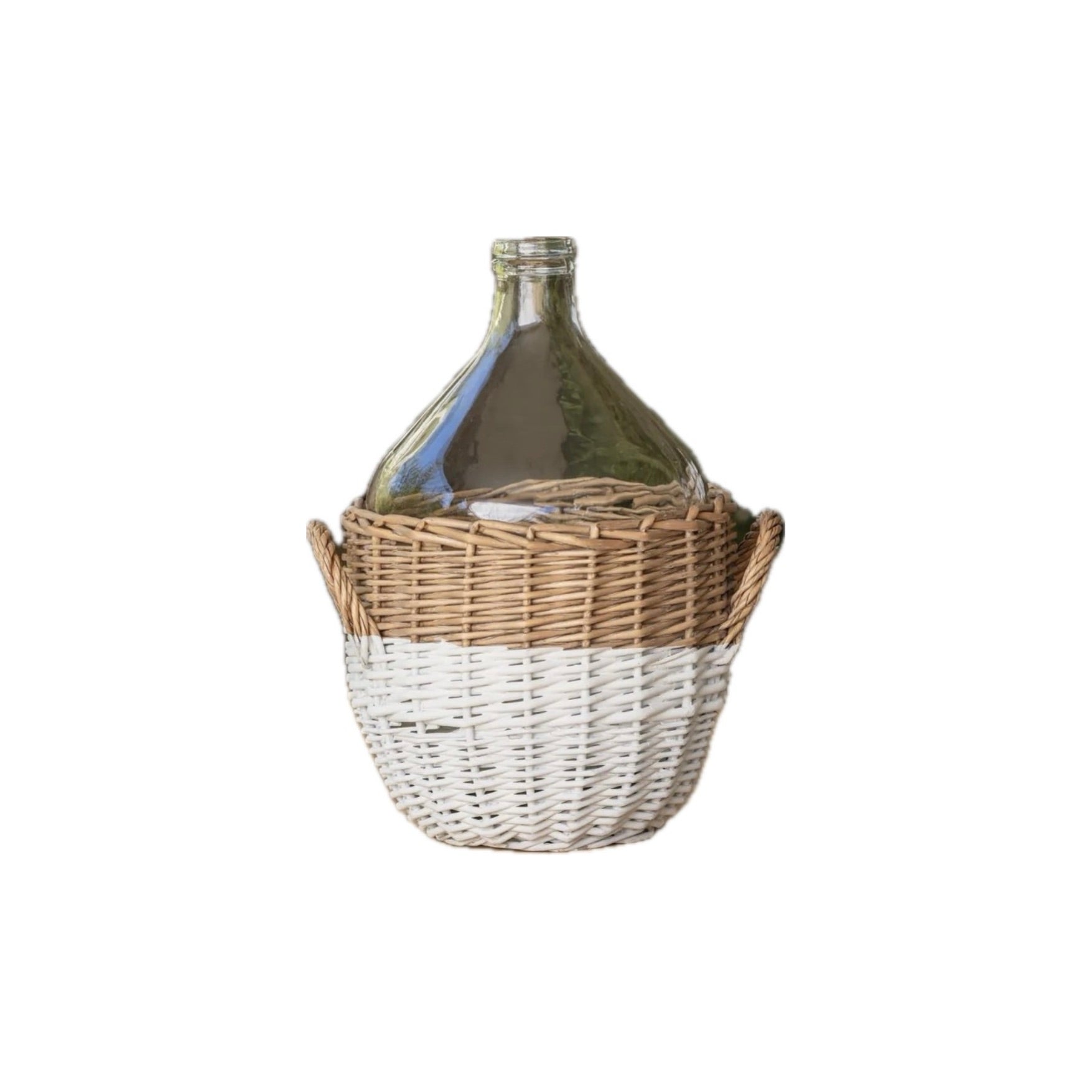 Wicker basket with a glass bottle inside on a white background