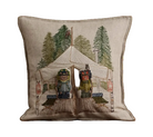 A square beige linen throw pillow featuring a detailed embroidered design of a vintage camping scene with two teddy bears under a large tent surrounded by pine trees.