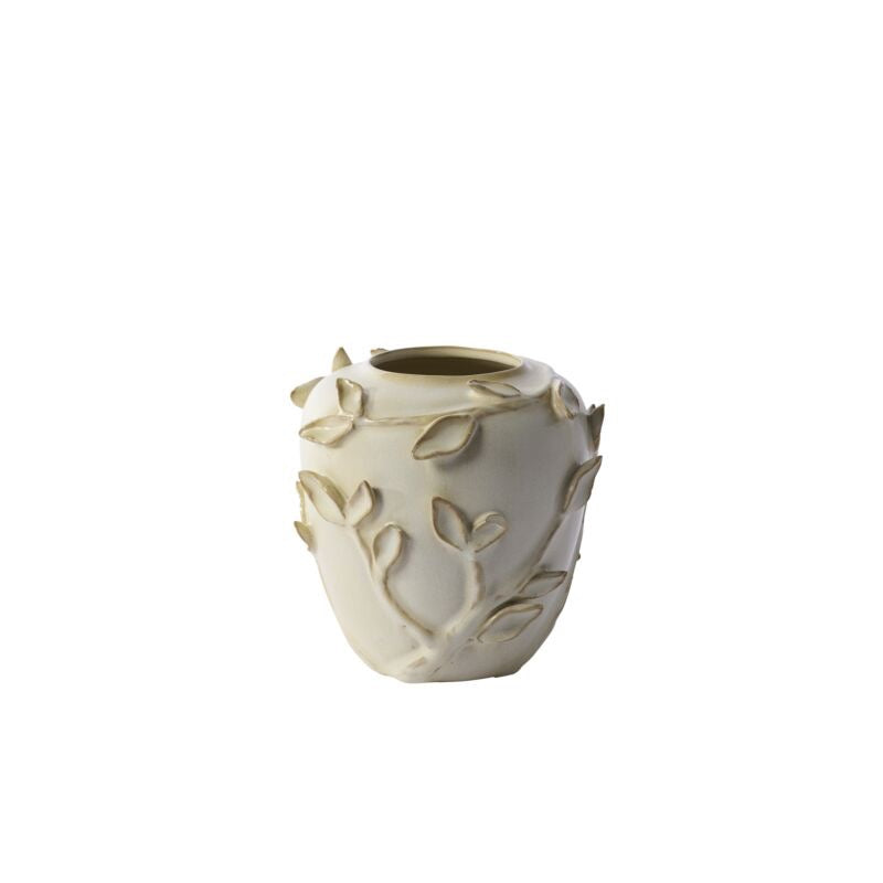 A small cream-colored ceramic vase with a textured, organic leafy branch design raised around the exterior, set against a plain white background.
