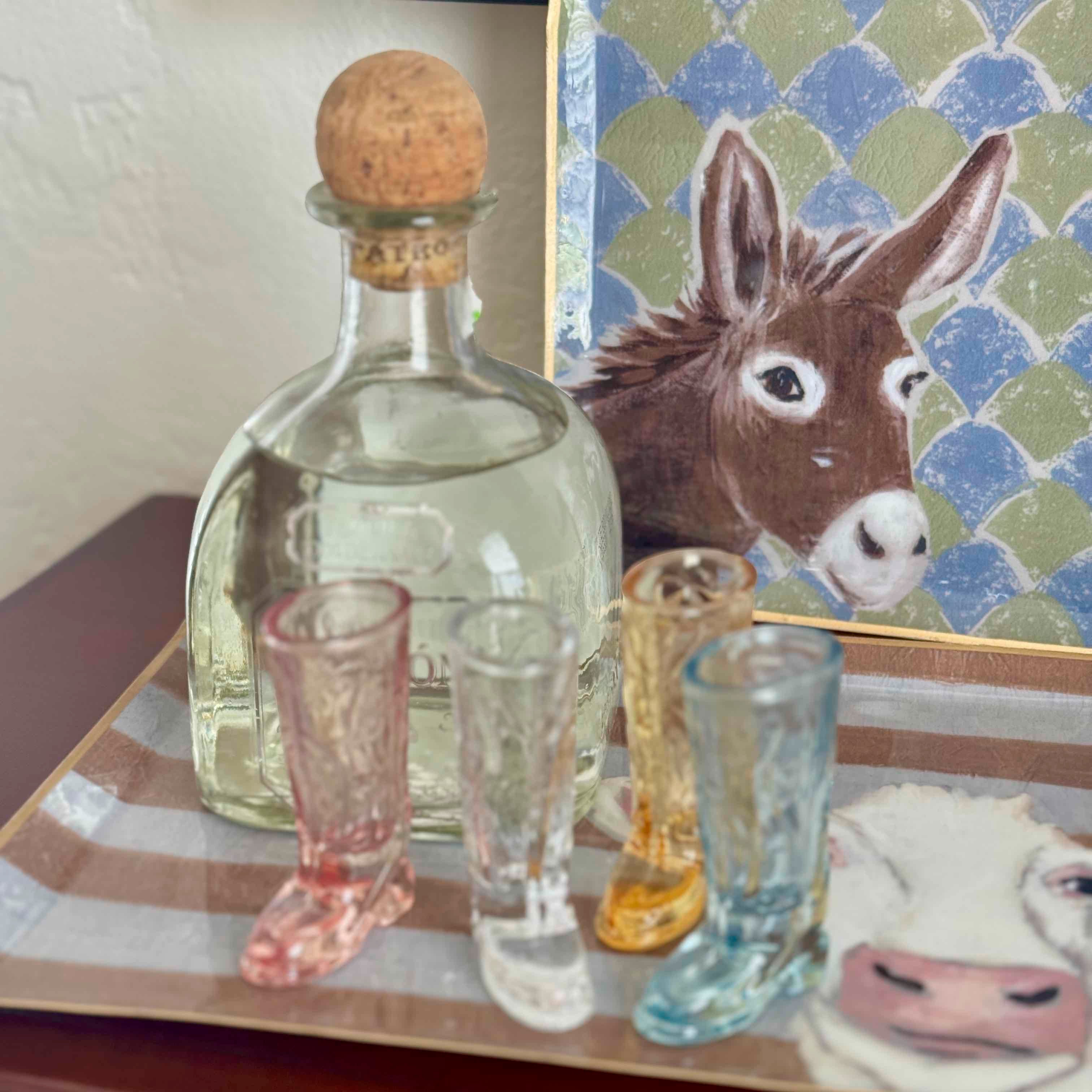 Clear glass bottle with cork stopper on a wooden surface next to colorful shot glasses, with a donkey painting in the background.