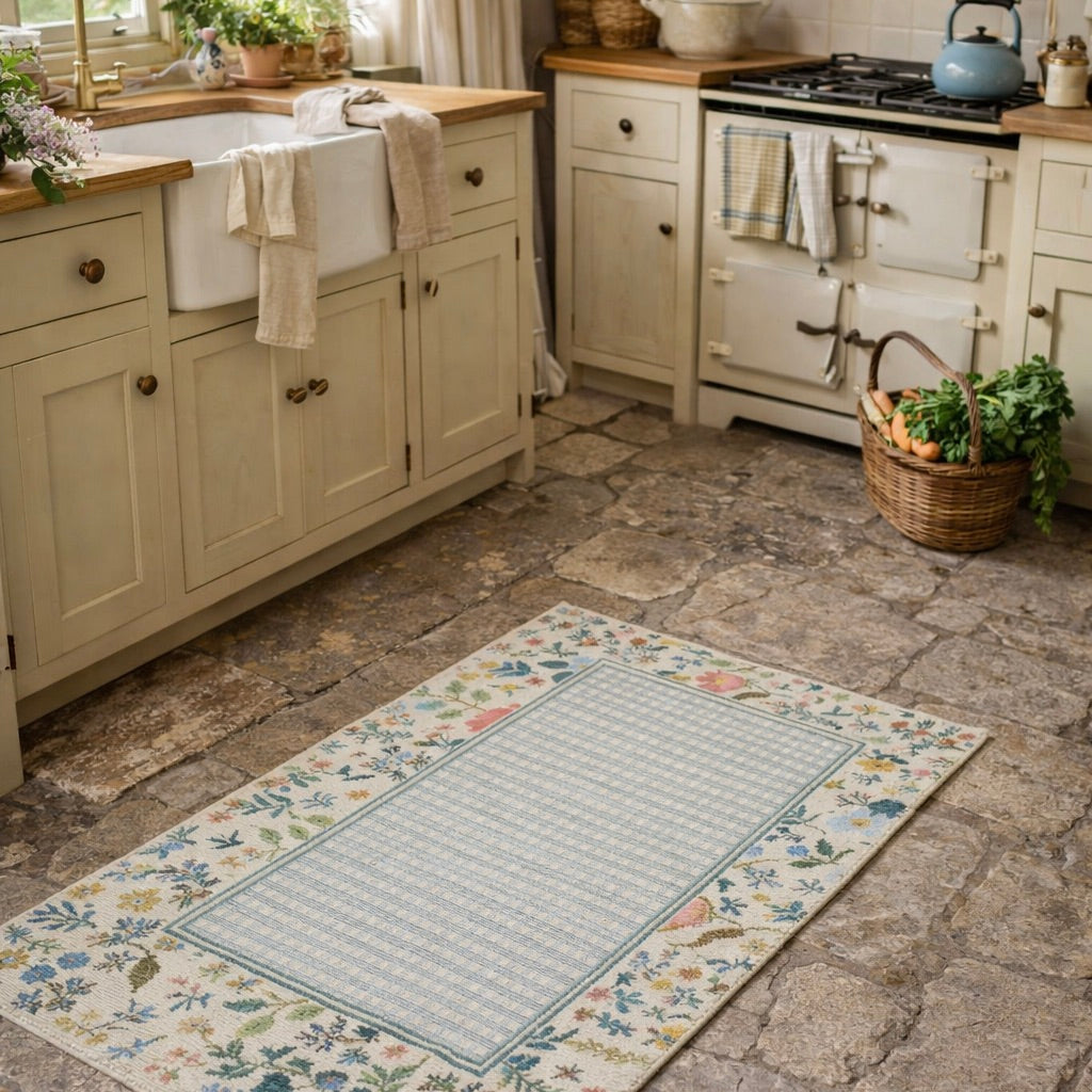 Floral patterned rug on a stone floor in a kitchen with vintage-style cabinets and appliances.