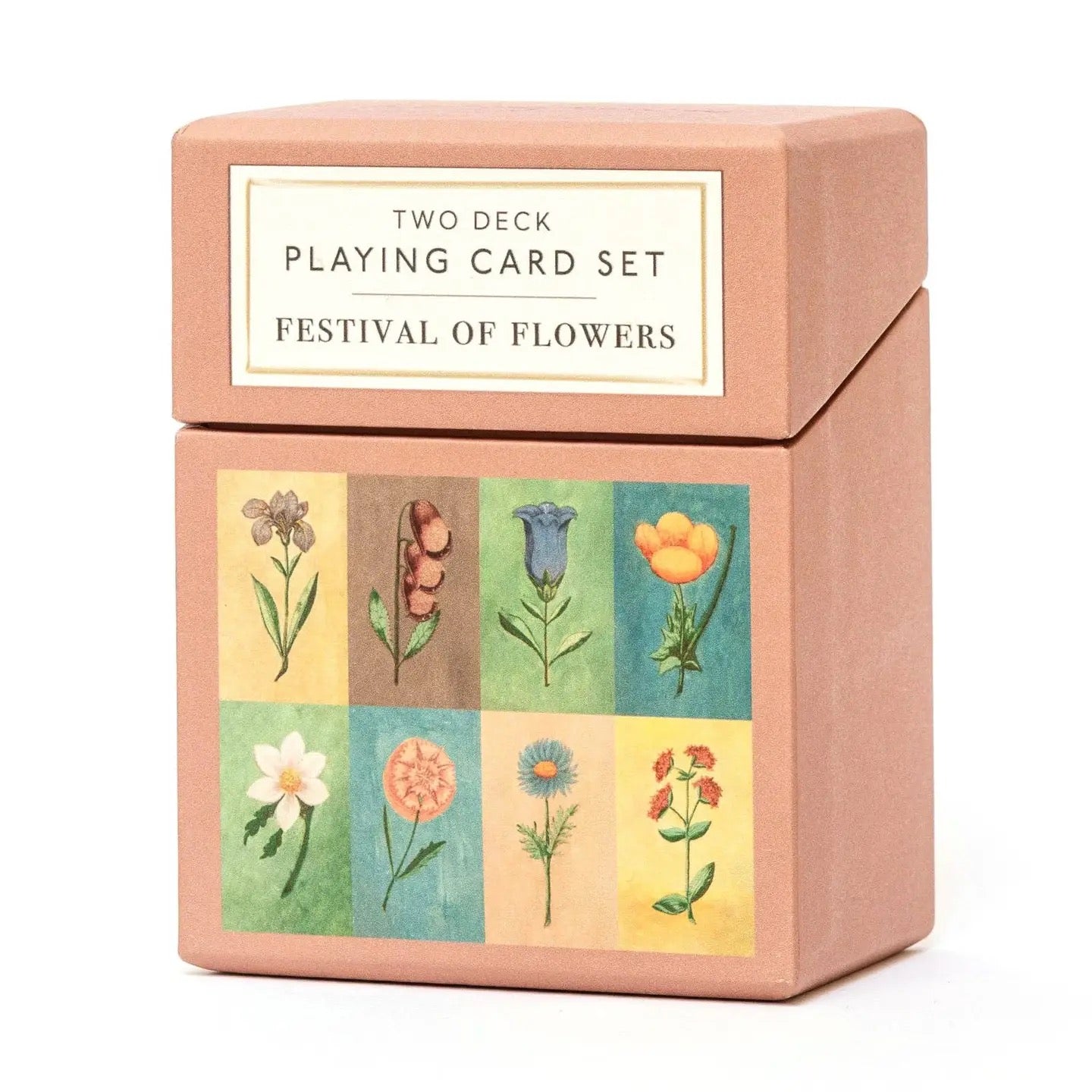 Playing card set packaging with floral designs on a white background