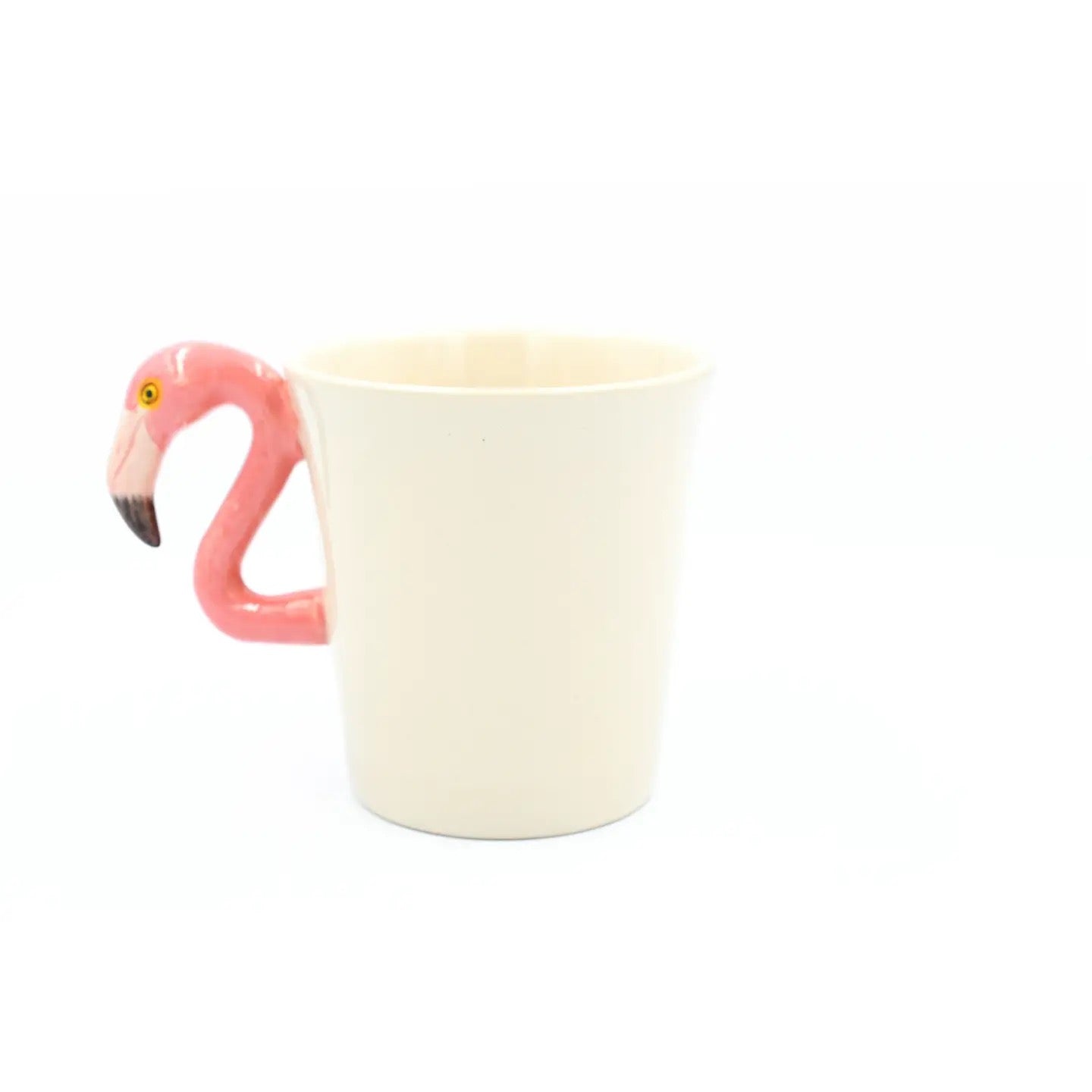Mug with a pink flamingo handle on a white background
