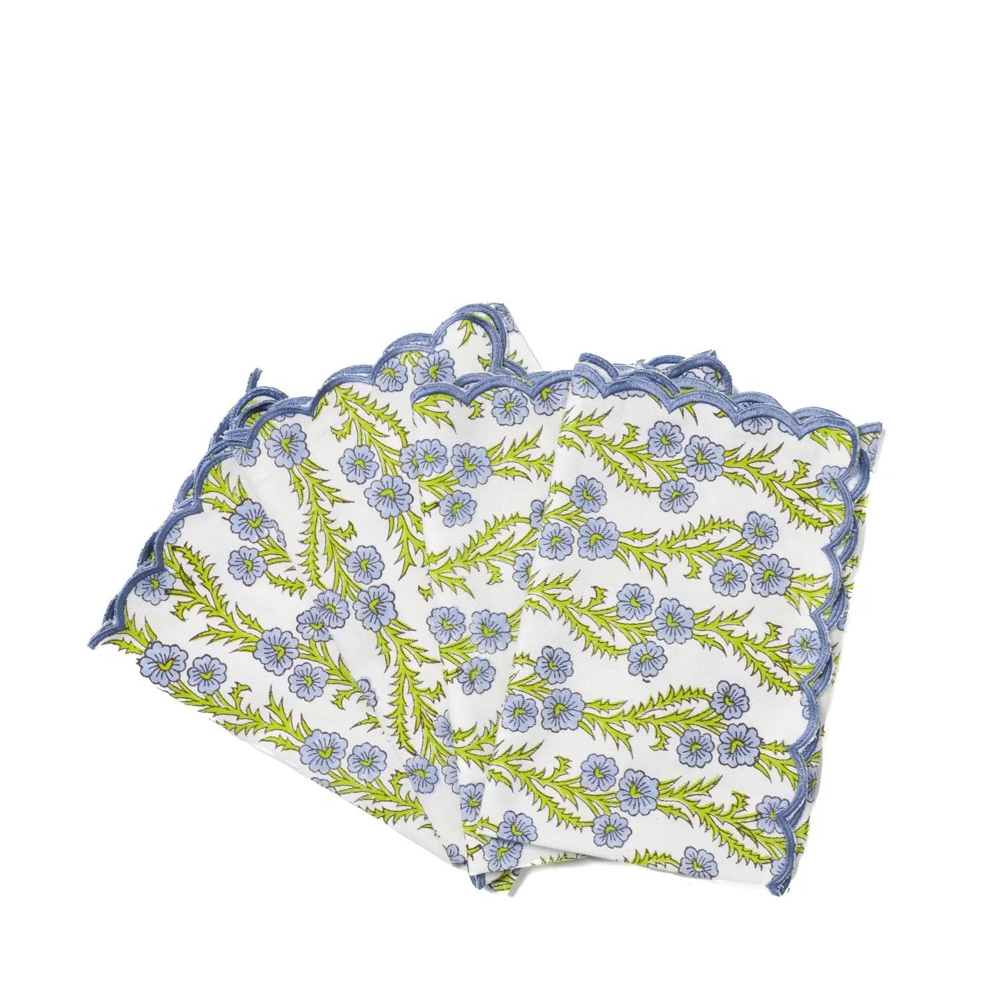 Floral patterned fabric with scalloped edge on a white background