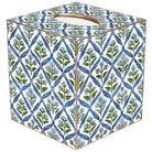 A square tissue box cover with a white base and an intricate blue and green botanical pattern, featuring a cutout handle on top, shown against a plain white background.