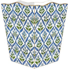 A three-panel folding screen with a white background and a repeating blue and green botanical diamond pattern, framed in a light natural wood tone.