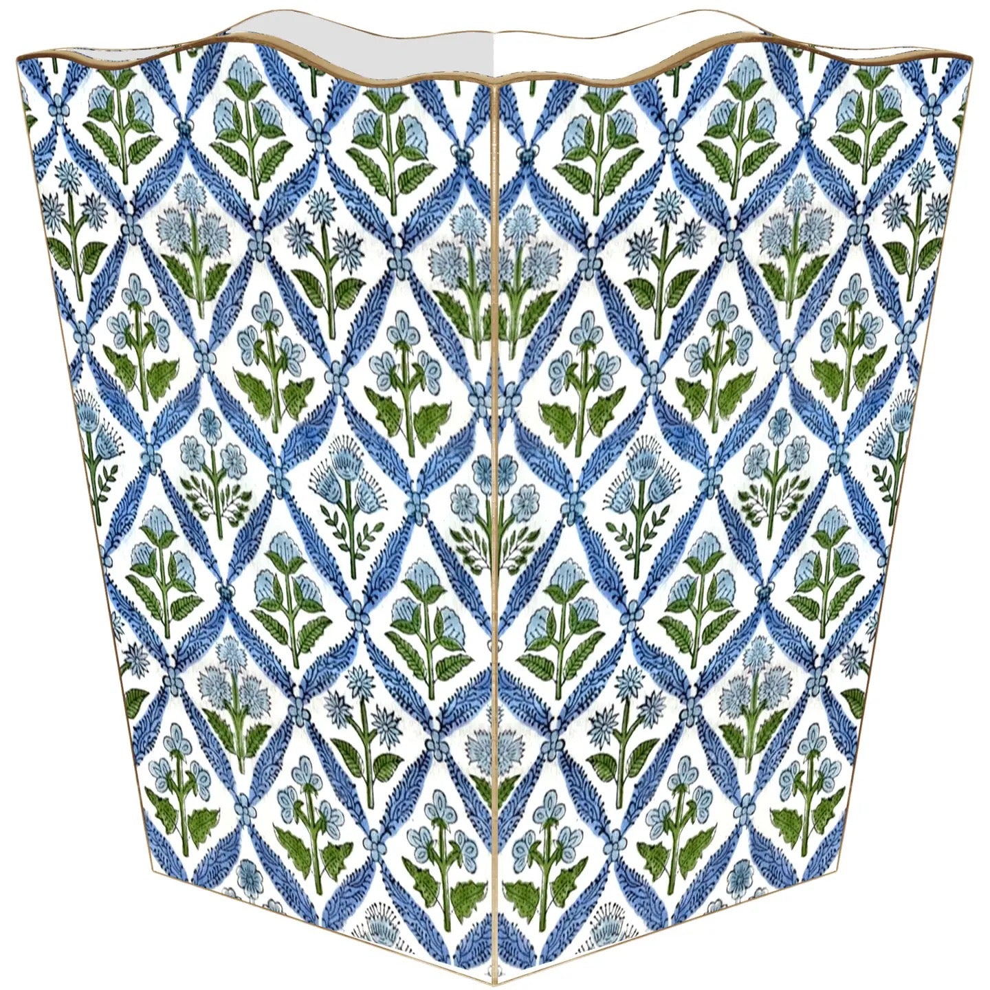 A three-panel folding screen with a white background and a repeating blue and green botanical diamond pattern, framed in a light natural wood tone.