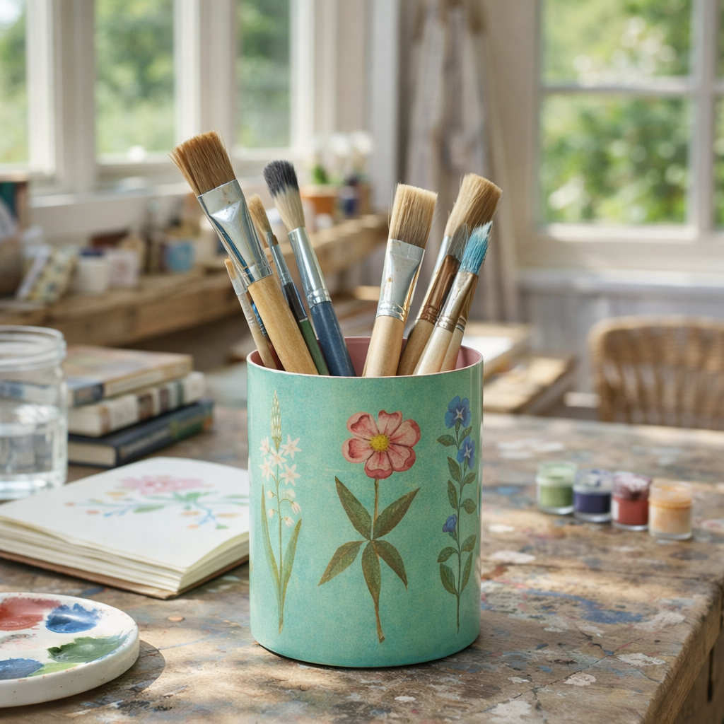 Turquoise cup with floral design holding paintbrushes on a table in a bright room.