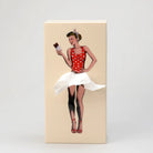 Vintage-style illustration of a woman in a red polka dot dress on a beige background