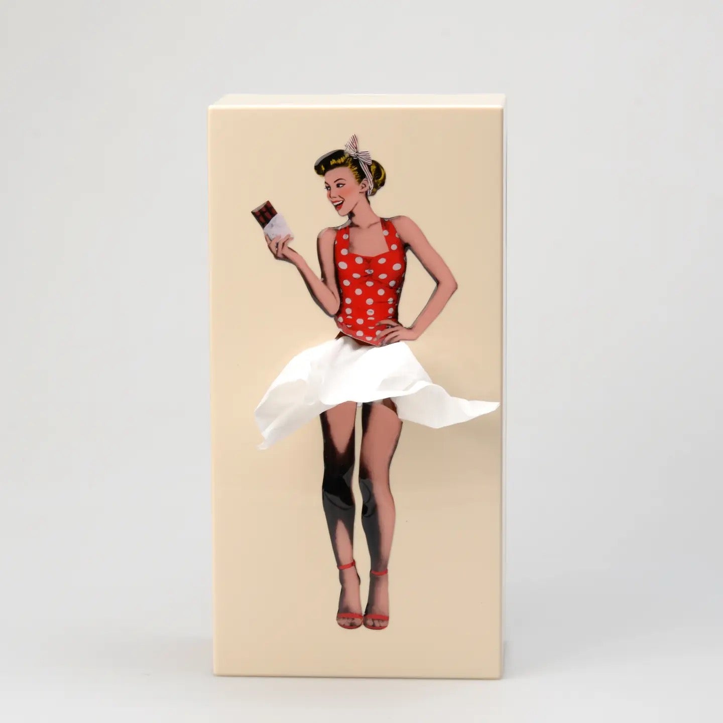 Vintage-style illustration of a woman in a red polka dot dress on a beige background