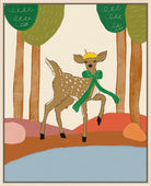 A whimsical art print featuring a brown spotted deer wearing a yellow hat and green scarf, standing in a stylized forest with green trees, orange ground, and a light blue body of water at the bottom.