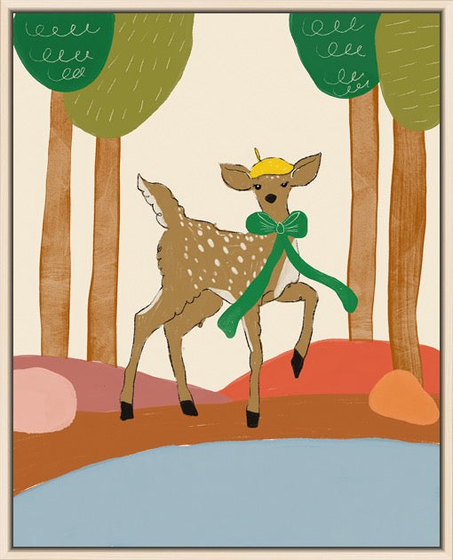 A whimsical art print featuring a brown spotted deer wearing a yellow hat and green scarf, standing in a stylized forest with green trees, orange ground, and a light blue body of water at the bottom.